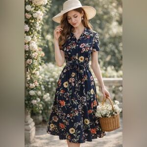 Amour Vert Varden Silk Midi Dress S Navy Floral Sunflower Short Sleeve Eco-Luxe